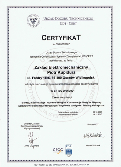 Archiwalny certyfikat systemu zarządzania jakością
